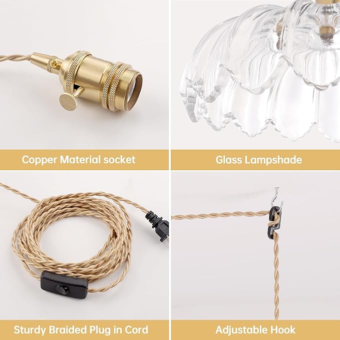 Shenmoyl Plug in Pendant Light Hanging Light Fixtures with Plugin Cord On/Off Switch,Clear Scindapsus Glass Lampshade Brass Pendant Light