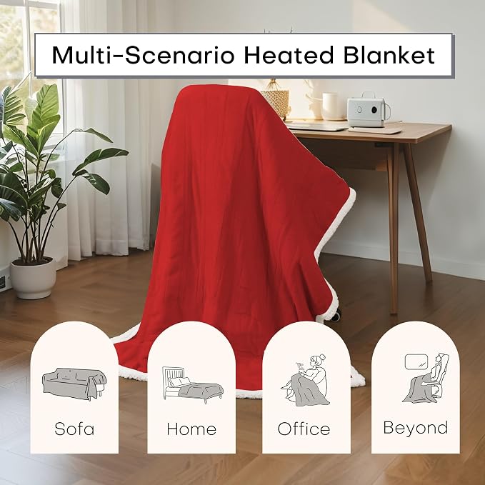 Electric Heated Blanket Twin Size 62"x84" – ETL Certified for Safe Overnight, 4 Heat Settings & 10H Auto Off, Dual-Sided Microplush Sherpa for Home Theater Night, Machine Washable – Red