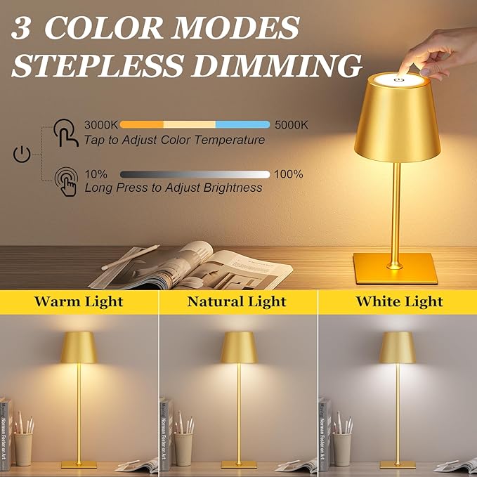 Kakanuo Gold Cordless Rechargeable Table Lamp 5000mAh Battery Operated Lamps, 3 Colors Stepless Dimming Touch Lamp for Dining, Living Room, Outdoor Patio, Kitchen Counter, 4 Pack