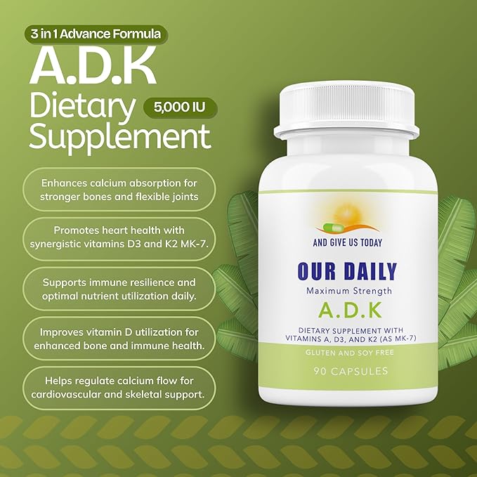 Daily Vites, Complément vitaminique ADK 5000 UI – 180 capsules – Vitamines A, D3 et K2-MK7 haute puissance – Formulé par un médecin pour le soutien des os, du cœur et du système immunitaire – Sans OGM, sans gluten, approvisionnement de 6 mois (lot de 2)