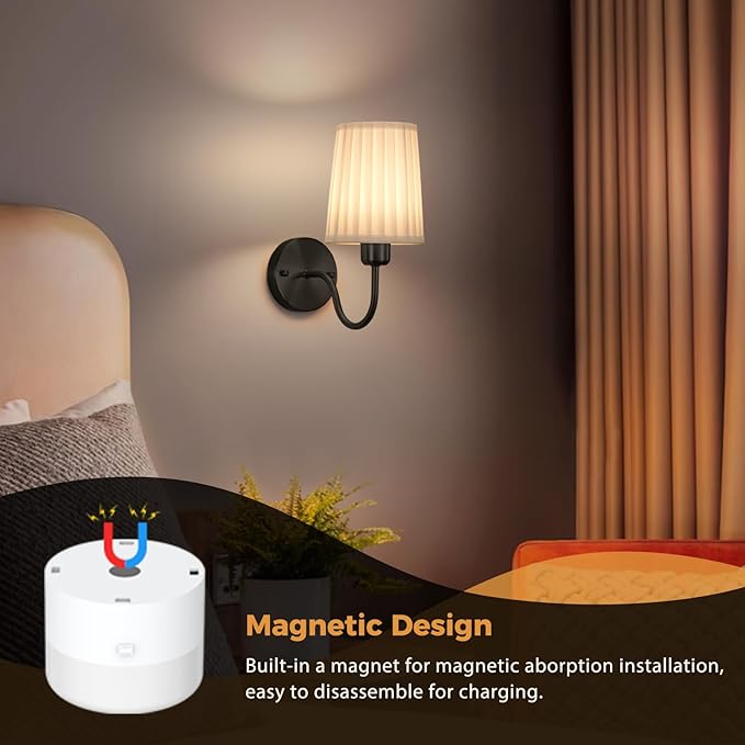 Battery Operated Wall Sconce Set of 2, Rechargeable Wall Sconces with 10000mAh Dimming Magnetic Bulb, Wireless Battery Powered Wall Lights with Pleated for Bedroom Living Room Gallery Hallway,Black