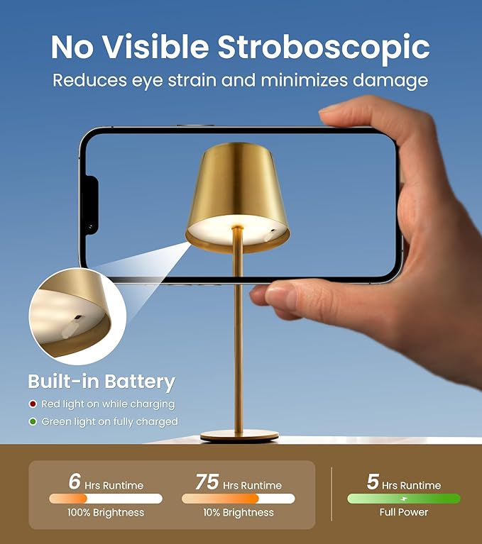 Cordless Table Lamp, Portable Battery Operated Lamp with 3 Color Temps and Stepless Dimming, Rechargeable Table Lamp for Dinner, Desk, Cafe, Outdoor (Brushed Gold)