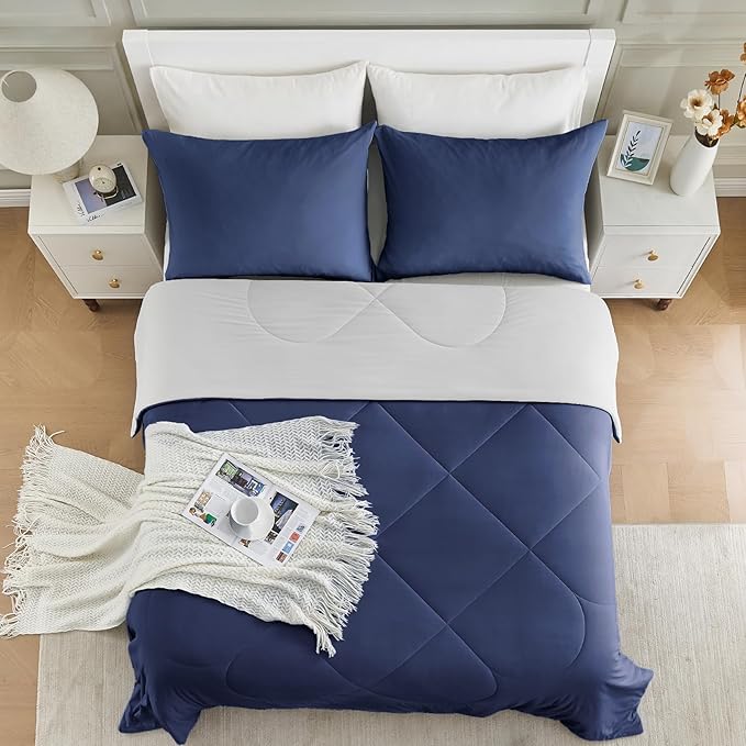 HOMFINE Cooling Comforter Japanese Double-Sided Cold Tech Fabric Cooling Blanket for Night Sweats Hot Sleepers, Q-Max 0.45 Soft Breathable Silky Smooth Lightweight Dark Blue Summer Comforter Queen