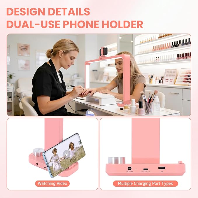 Half Moon Light for Nail Desk with Phone Holder, Large Square Nail Lamp for Desk, Professional Manicurist Desktop Lamp, LED Light Suitable for Manicures, Tattoos, and Sewing, Pink
