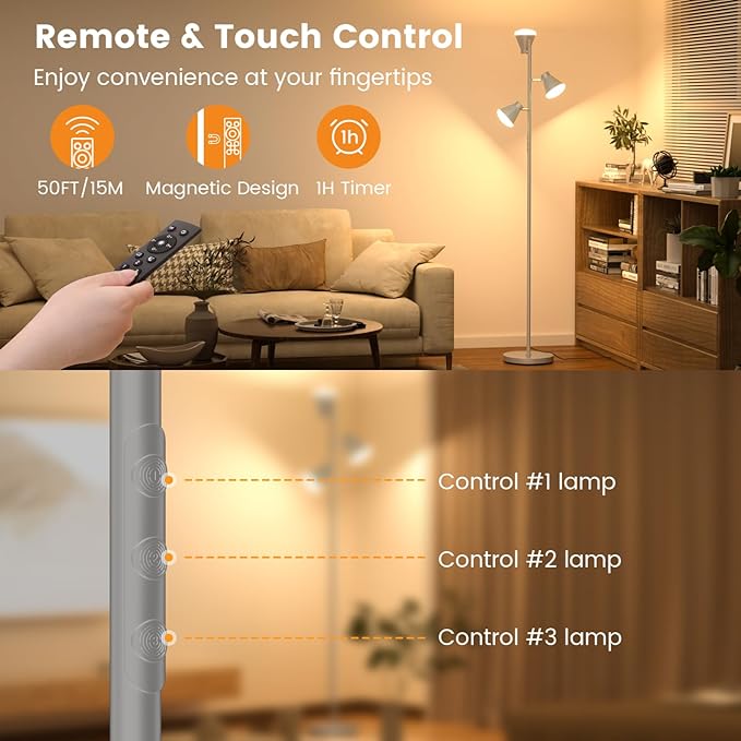 SIBRILLE 36W LED Tree Floor Lamp, Dimmable Tall Standing Lamp with Remote & Touch Control, 4 Color Temperatures Bright Floor Lamp, 3 Rotatable Light Modern Floor Lamps