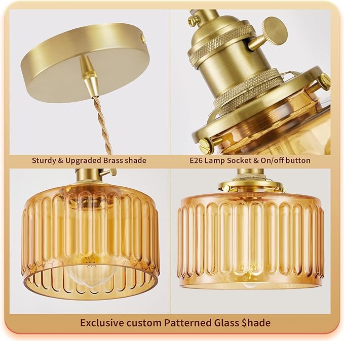 WimiSom 2 Pack Industrial Pendant Lighting, Modern Glass Shade Farmhouse Adjustable Hanging Light Fixtures for Kitchen Island Living Room Bedroom Hallway, Brown