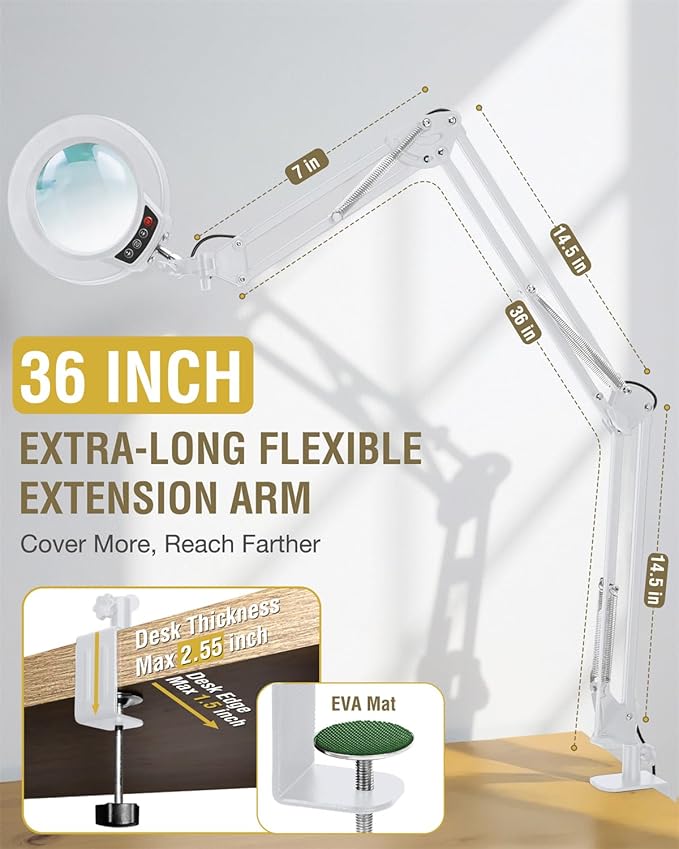 12X Magnifying Glass with Light and Clamp, Ultra Long 3 Section Swing Arm LED Desk Lamp, Real Glass Lens, 5 Color Modes Dimmable, Hands Free Lighted Magnifier with Stand for Repair Crafts - White