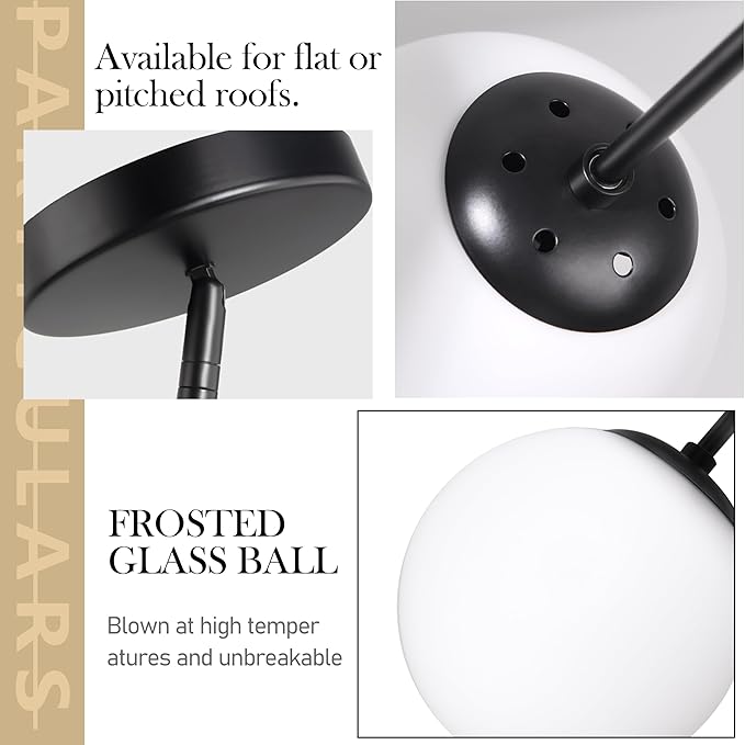 Bagood 8" Globe Pendant Light Black 2 Pack Mid Century Pendant Light Globe Pendant Lights Kitchen Island Matte Black Finished with Milk Glass Adjustable Ceiling Light Fixtures for Dining Room Bar