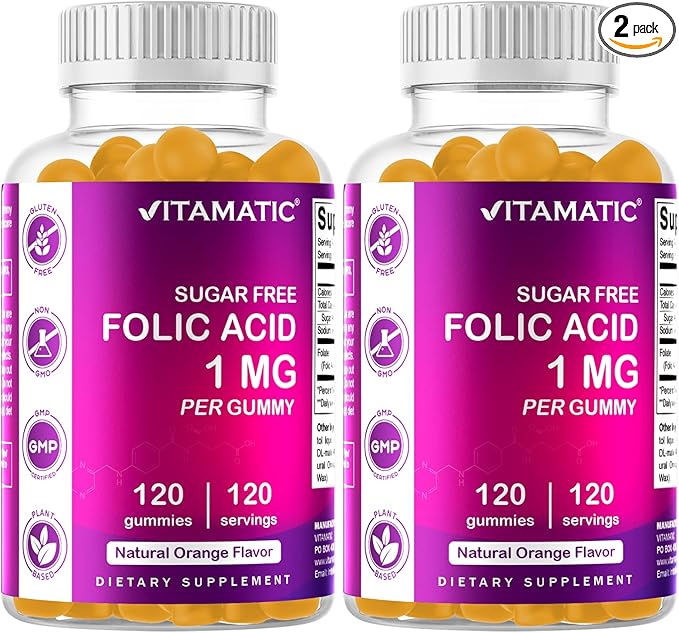 Vitamatic Folic Acid Gummies 1000 mcg (1 mg) – Essential Prenatal Vitamin B9 for Mom & Baby – 120 Vegan Gummies per Bottle – 2 Pack