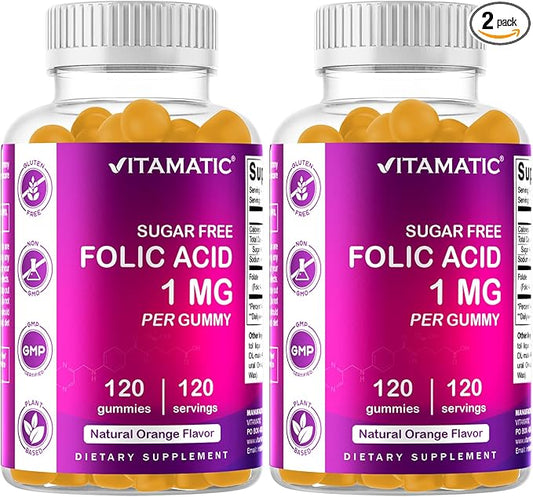 Vitamatic Folic Acid Gummies 1000 mcg (1 mg) – Essential Prenatal Vitamin B9 for Mom & Baby – 120 Vegan Gummies per Bottle – 2 Pack