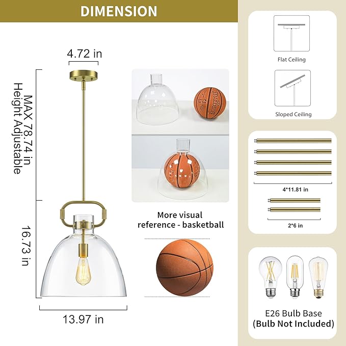14’’ Large Glass Pendant Lights Kitchen Island, 1-Light Modern Gold Kitchen Island Lighting, Adjustable Antique Brass Hanging Pendant Light Fixture for Dining Room Bedroom Hallway E26