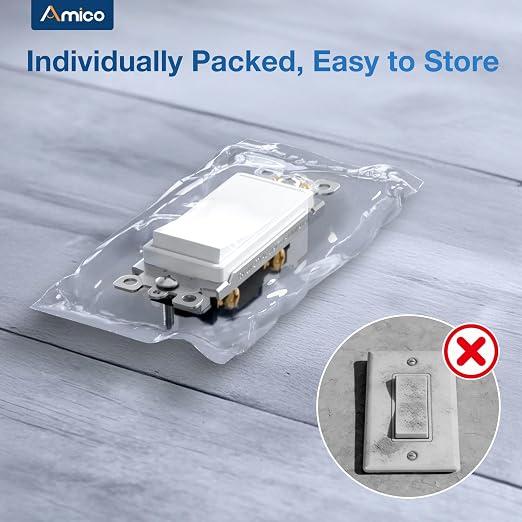 Amico 30 Pack Single Pole Light Switch, UL Listed, 15A 120/277V, On/Off Rocker Paddle Interrupter Wall Switch, Grounding Screw, Suitable for Home and Business, No Wall Plate Included, White