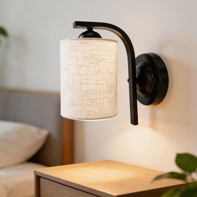 Wall Sconces Lights Lamp for Bedroom Bathroom, Modern Vanity Light Fixtures, Matte Black Farmhouse Wall Mount Lighting Lanterns with Fabric Shade for Living Room Mirror Hallway Kitchen