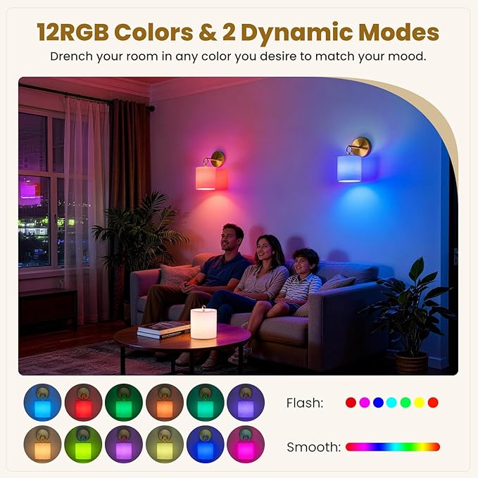 Detachable Wall Sconces Battery Operated With Hanging Hook,10000mah Battery Operated Wireless Wall Sconces Set of Two,12 RGB Gold Sconce With Remote,Renter Friendly Wall Lamps for Living Room,Bedroom