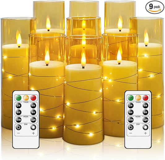 kakoya Flameless LED Candles with Timer 9 Pc Flickering Flameless Candles for Romantic Ambiance and Home Decoration Stable Acrylic Shell,with Embedded Star String，Battery Operated Candles（Gold）