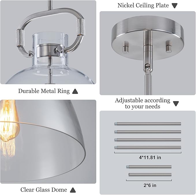 Large Pendant Lights Kitchen Island, 14'' Brushed Nickel Pendant Lights Fixture with Clear Glass Shade, 1-Light Modern Glass Kitchen Island Lighting for Dining Room Bedroom Over Table, E26