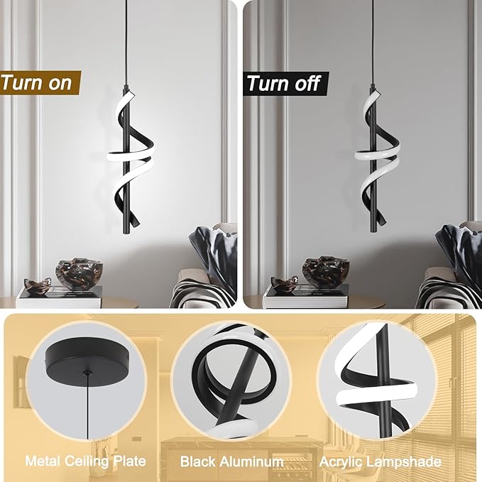 Spiral Led Pendant Light Fixtures, 5500K Cold White Modern Led Pendant Light Kitchen Island, Adjustable Height Kitchen Island Lights Fixtures for Dining Room Kitchen Bedroom Sink, 3 Packs
