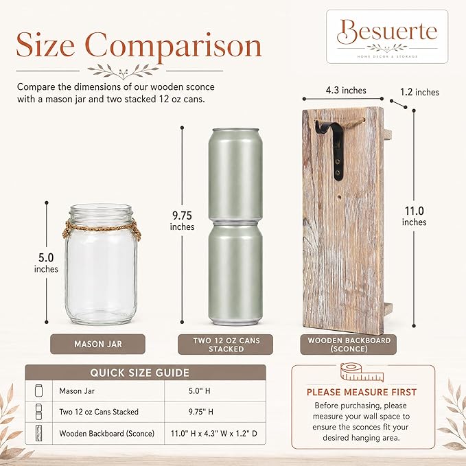 Rustic Mason Jar Sconces Wall Decor - Set of 2 Hanging Wooden Wall Art with LED String Lights & Remote Timer - Vintage Farmhouse Decoration for Living Room or Bedroom, Rustic Brown