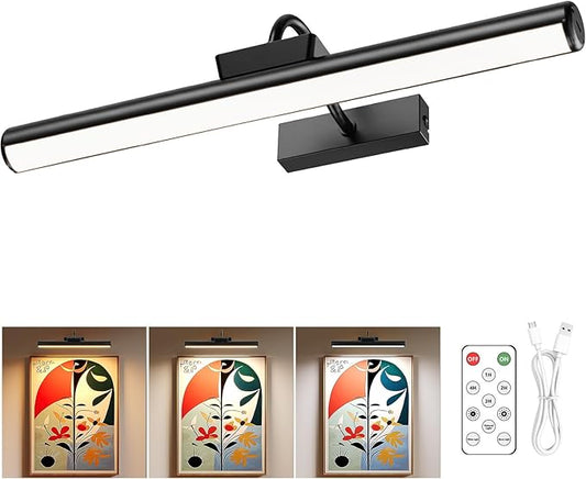 16" Aluminum Wireless Picture Lights for Wall, 5000mAh Rechargeable Battery Operated Wall Art Lighting, Dimmable 3-Color Gallery Painting Light for Pictures On Wall, with Remote/Timer [Black, 1Pack]