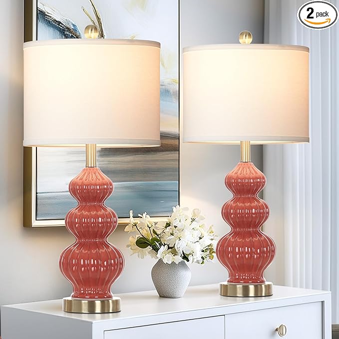 26" Triple Gourd Ceramic Table Lamps Set of 2,Modern Orange Bedside Lamps USB A+C Ports & AC Outlet -Ceramic Nightstand Lamps for Bedroom, 3 Way Touch Control Contemporary Living Room End Tables