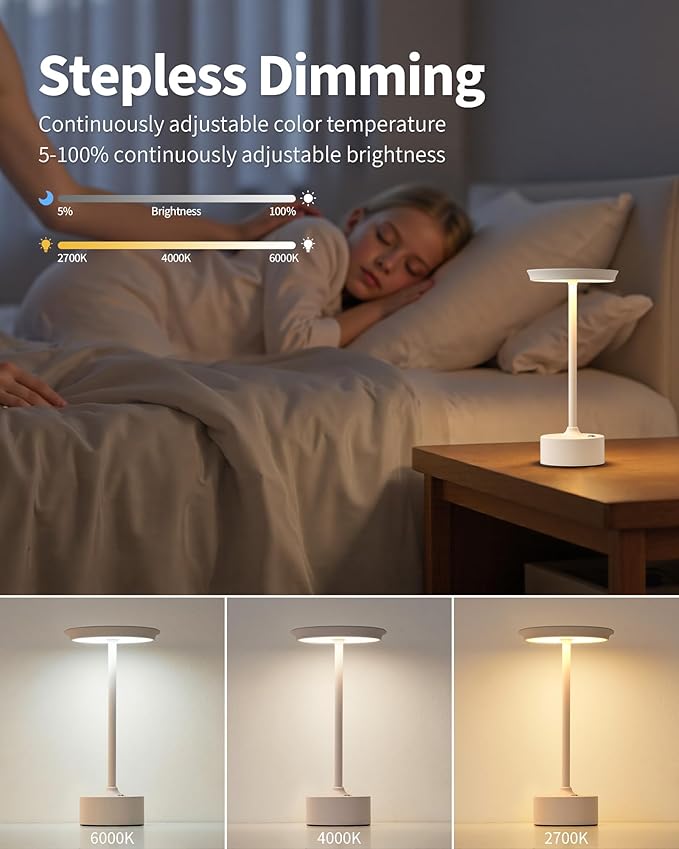 PUSU Rechargeable Table Lamps Set of 2, White Cordless LED 4000mAh Battery Desk Lamp, Stepless Dimming & 3 Color 2700K-6000K, Portable Lamp for Bedroom, Living Room, Restaurant, Outdoor, Night Light