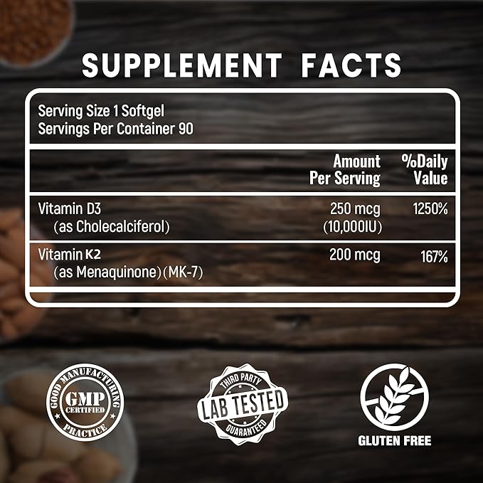 VANI Vitamines D3 (10000iu/250mcg) + K2 (sous forme de Mk7), pour la santé des os, des muscles et des dents, 90 GÉLULES