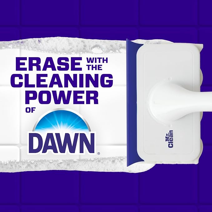 Mr. Clean Magic Eraser Shower & Tub Scrubber, Bathroom Cleaner, All in One Bathroom Cleaner, Lemon Starter Kit, 1 Scrubber & 2 Foaming Magic Erasers (Pack of 8)