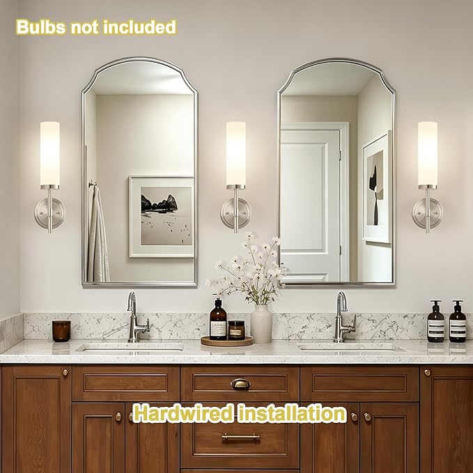 [Hardwired] Wall Sconces Set of Two, Brushed Nickel Bathroom Sconces with Milky White Glass, Modern Wall Light Fixtures for Bathroom Mirror Vanity, Living Room, Hallway, Stairway, Cabinet, Foyer