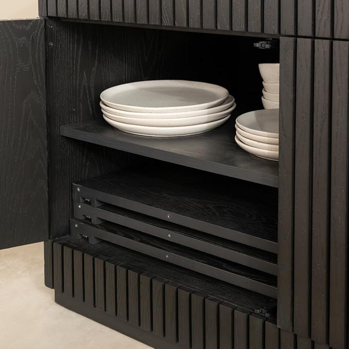 Transformer Table Round Sideboard Buffet Cabinet, Black | Hidden Drawers, Wood Storage Cabinet, Solid Wood, Integrated Table Panel Storage