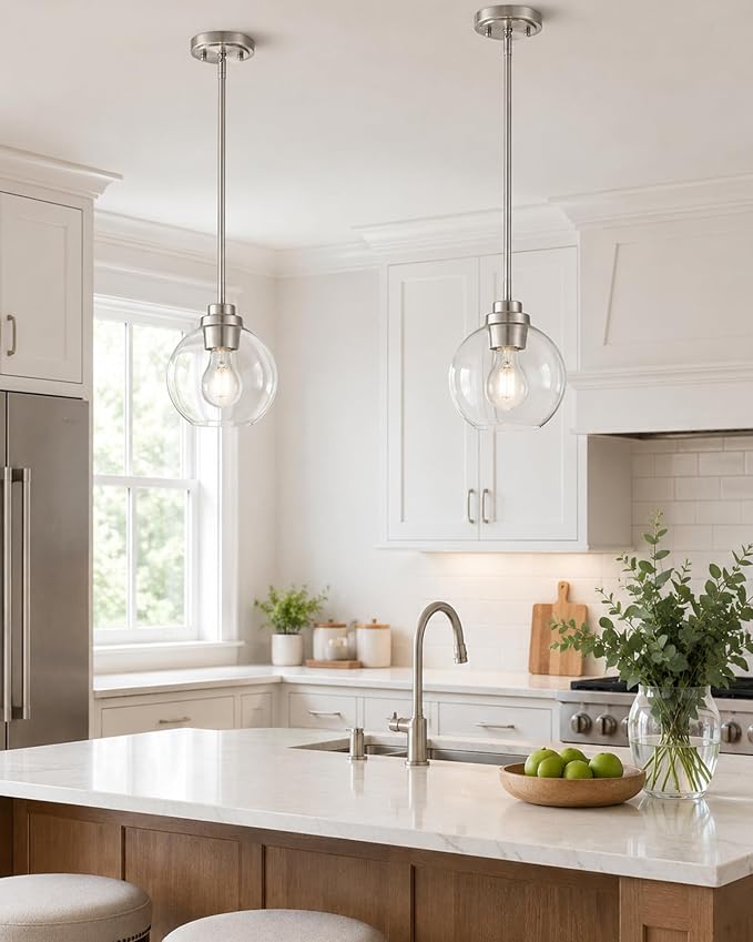 Pendant Lights Kitchen Island 2 Pack, 7" Modern Brushed Nickel Hanging Lights Fixtures with Clear Glass Globe Shade, Kitchen Island Lighting for Bathroom, AD-22280-1P2-SN-C
