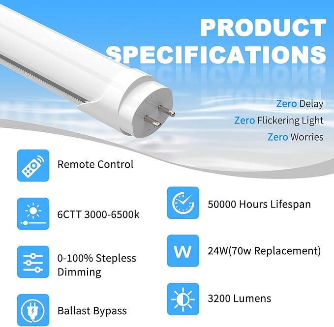 JESLED T8 Dimmable LED Tube Lights with Remote, Type B, 3200LM, 24W, 6 Colors 3000K | 3500K | 4000K | 5000K | 6000K | 6500K, 4 Foot Fluorescent Bulbs Replacement, Ballast Bypass, Dual-Ended, 4-Pack