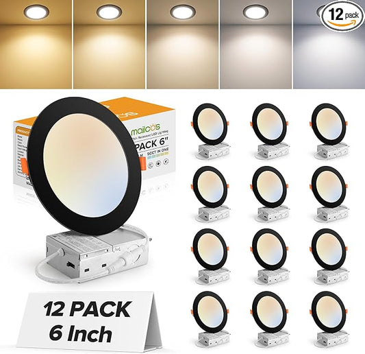 MAILCOS 12 Pack 6 Inch 5CCT Black Ultra-Thin LED Recessed Lighting with Junction Box, 2700K-5000K Selectable, 1050LM High Brightness, Dimmable Canless Wafer Downlight, 12W 120V, ETL