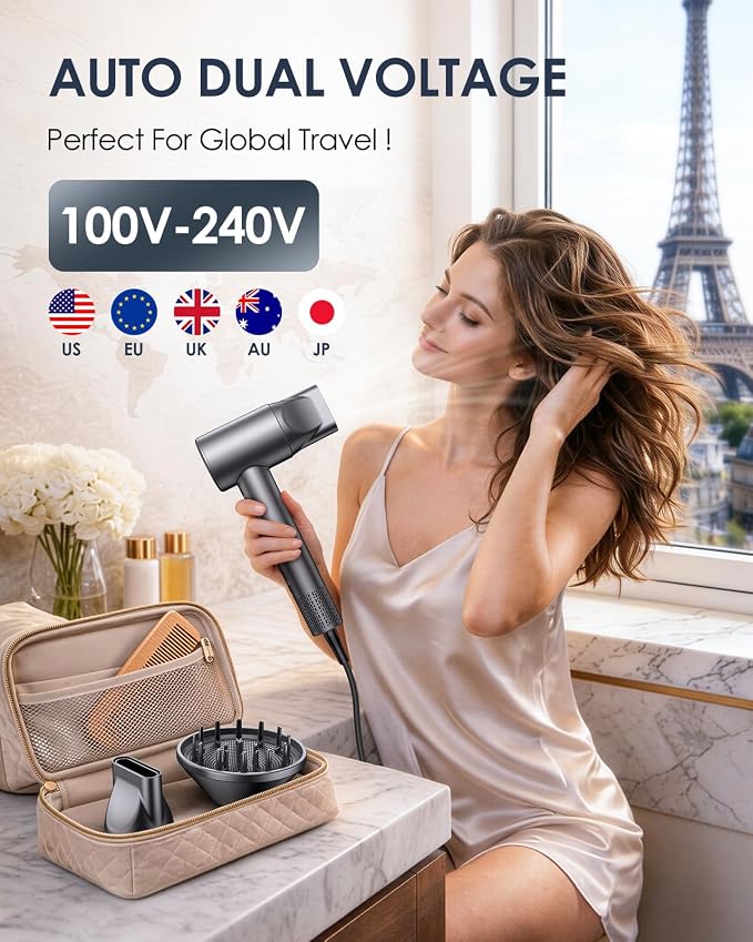 Dual Voltage Travel Hair Dryer, 170,000 RPM High-Speed Blow Dryer for Fast Drying,500M Ionic Hairdryer with Diffuser for Women & Men,Thermo-Control & Lightweight,Quiet,European International 100-240V