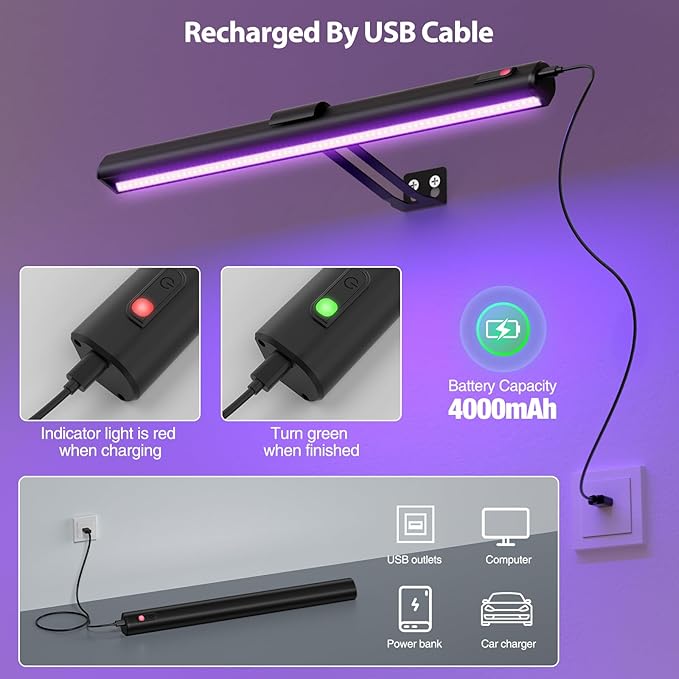 Onforu Black Light for Blacklight Tapestry,15'' Rechargeable Blacklight Picture Light with Remote, 4000mAh Black Light Bar for Fluorescent Poster, Glow in The Dark Party, Bedroom Decor, Party