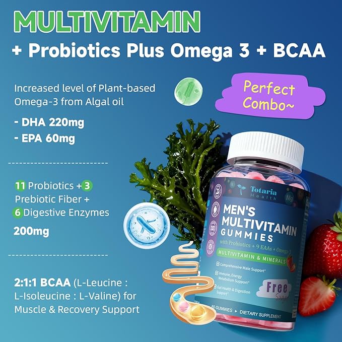 Totaria Multivitamine Sans Sucre pour Hommes avec Oméga 3, Probiotiques, Gummies Multivitaminés pour Hommes avec Complexe B Méthylé, AAE, Lycopène, Zinc, pour Énergie Quotidienne, Immunité, Cœur, Sans Fer, 60 Comprimés