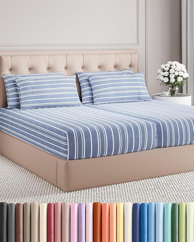 Split King 7 Piece Sheet Set - Comfy Breathable & Cooling - Soft Hotel Luxury Bedding Set w/ 8-16 Inch Deep Pockets - 1 Flat & 2 Fitted Sheet & 4 Pillowcases - Cozy and Wrinkle Free - Blue Stripes 3