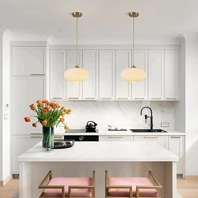 KCO Lighting Mid Century Modern Gold Globe Pendant Lighting Brushed Brass White Opal Glass Pendant Light Antique Farmhouse Single Hanging Kitchen Island Lighting Fixture