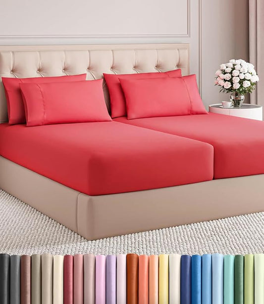Split King 7 Piece Sheet Set - Comfy Breathable & Cooling - Ultra-Soft Hotel Luxury Bedding Set with 8-16 Inch Deep Pockets - 1 Flat & 2 Fitted Sheet & 4 Pillowcases - Wrinkle Free & Easy Care - Red