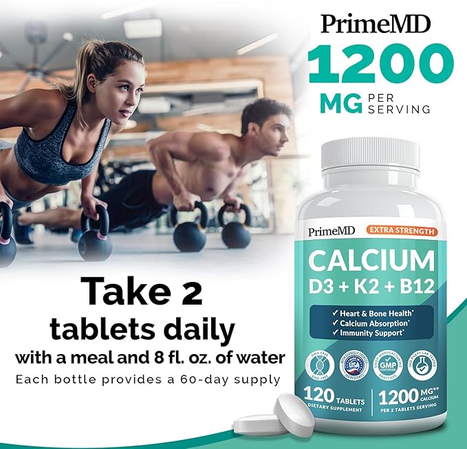 4-in-1 Calcium 1200 mg with Vitamin D3 K2 - Extra Strength Calcium Supplements for Women & Men with D3 K2 Vitamin 5000 IU - Everyday Vitality Supplement - Vegan-Friendly, Gluten-Free, Non-GMO (120ct)