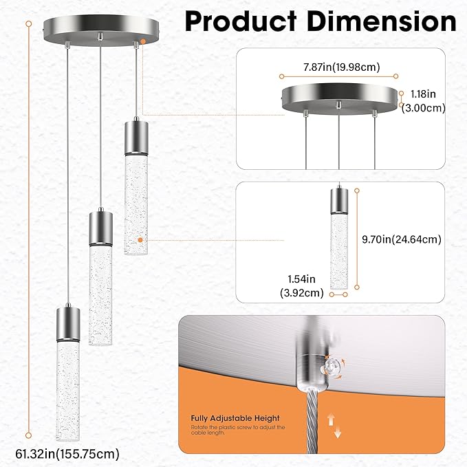 Pendant Lights Kitchen Island, 6500K Modern Kitchen Island Lights Brushed Nickel, Ceiling Lighting Fixtures with Crystal Bubble, Integrated LED Hanging Light for Dining Room 1 Pack(3-Light)