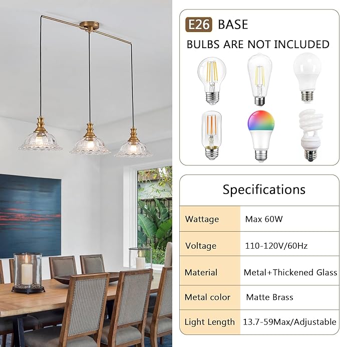 HDDFL Vintage 3 Light Pendant Light Fixtures Modern Glass Hanging Lights with Adjustable Cord for Kitchen Island Dining Room Living Room Hallway
