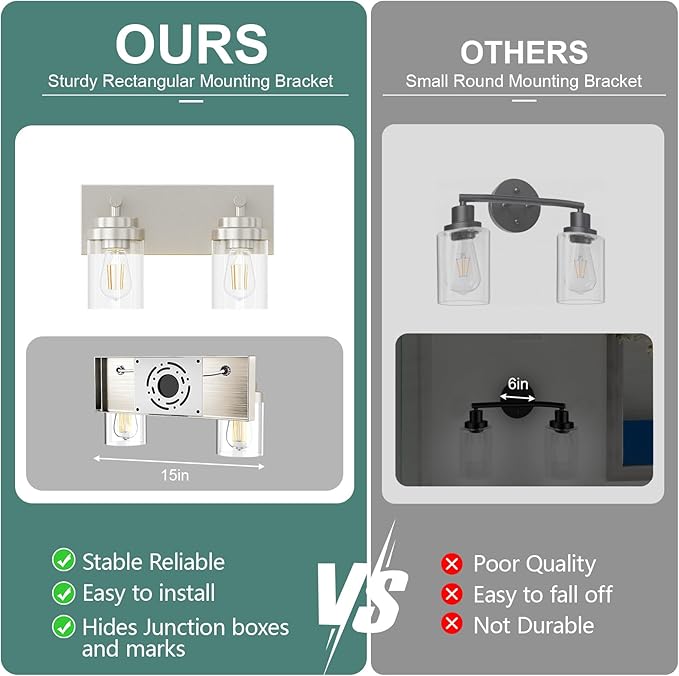 IZORRO Bathroom Vanity Light Fixture, 2-Light 15 Inch Brushed Nickel Bathroom Light Fixtures Over Mirror, with Clear Glass Shade, Modern Farmhouse Vanity Lights, Rustic Restroom Lighting Fixtures