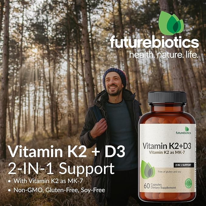 Futurebiotics ビタミンK2 (MK7) + D3 サプリメント - 非遺伝子組み換え処方 - ビタミンD3 5000 IU & ビタミンK2 MK-7 90 mcg、ベジタリアンカプセル250粒
