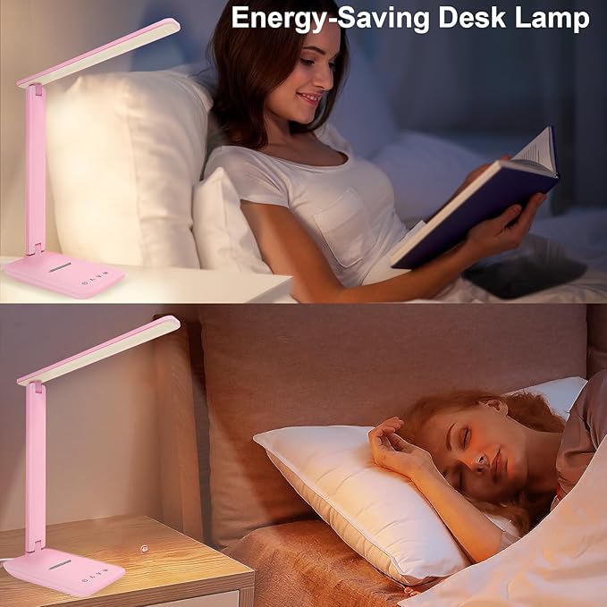 shinelife LED Desk Lamp for Office Home, Bright Desk Light with USB Charging Port, Adjustable Dimmable Desk Lamps 5 Modes 5 Brightness, Touch Study Lamp for Nail, Craft, Puzzle, Sewing, Study, Pink