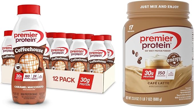 Bundle of Premier Protein Caramel Macchiato Protein Shake + Café Latte Protein Powder