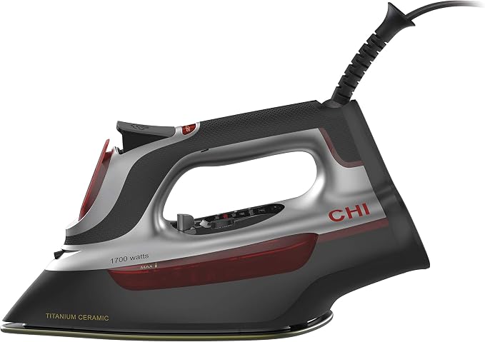 CHI Steam Iron for Clothes, Electronic Temperature Control, Titanium Ceramic Soleplate, Professional Grade, 1700 Watts, 3-Way Auto Shutoff, XL 10' Cord, Silver