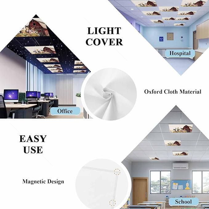 2 Pack Magnetic Fluorescent Light Covers, Farm Barn Horse Sheep Cat Animal Country Retro Linen Background Magnetic Light Covers for Ceiling Lights Classroom Office Home Decor