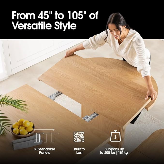 Transformer Table - Solid Wood Extendable Round Dining Table Set with Bench and 4 Chairs, Seats 4-10, Expandable Round Dining Set, Natural (Table + Bench + 4 Chairs)