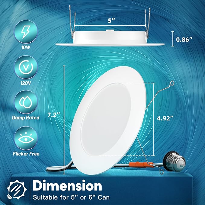 FREELICHT 4 Pack Retrofit LED Recessed Lighting 6 Inch, Selectable 2700K/3000K/4000K/5000K/6000K, Dimmable Flat LED Can Lights, 10W=110W, 1000LM, IC & Damp Rated, ETL & FCC