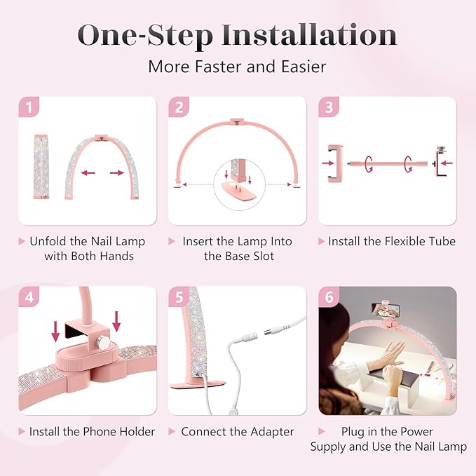 Yokilly Half Moon Light for Nail Desk: 29" Foldable Half Moon Nail Desk Lamp with Phone Holder for Beginner - Arch Tech Light with 3 Color Modes & 10 Brightness for Manicure Salon (Pink Diamond)